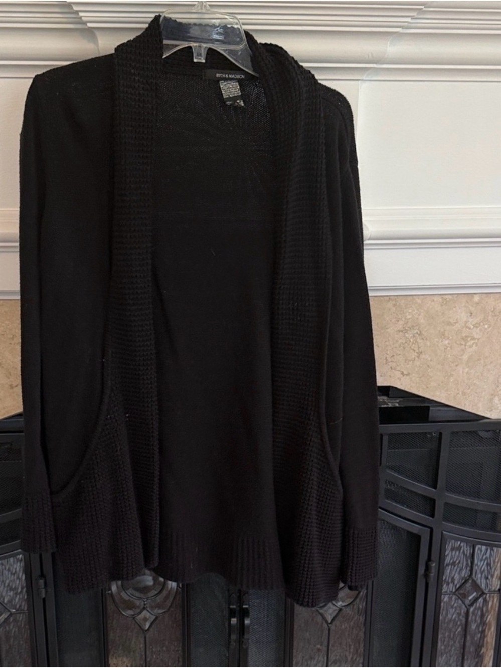 89th & Madison Black Open Front Mixed Knit Cardigan Sweater Pockets L